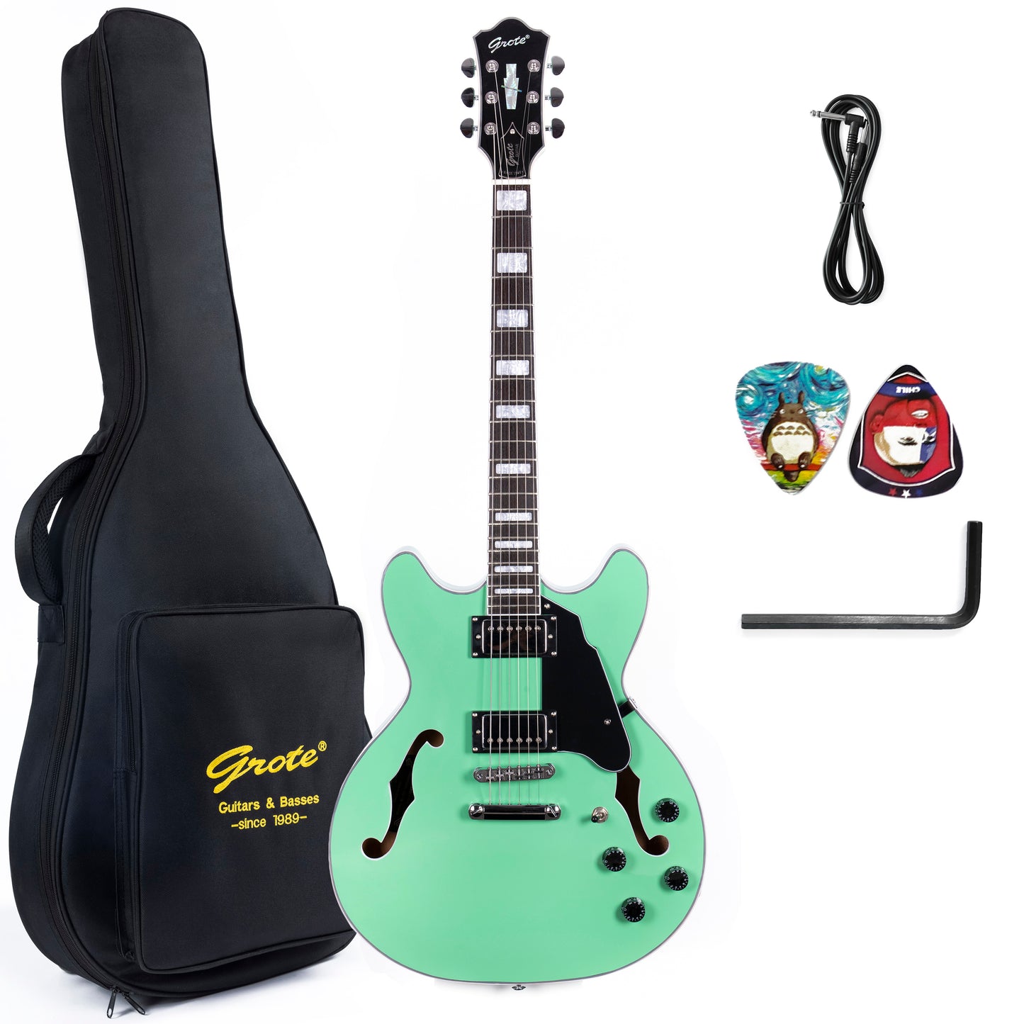 Grote Electric Jazz Guitar Semi-Hollow Body Multi-ply Binding Humbucker Pickups Picks Case