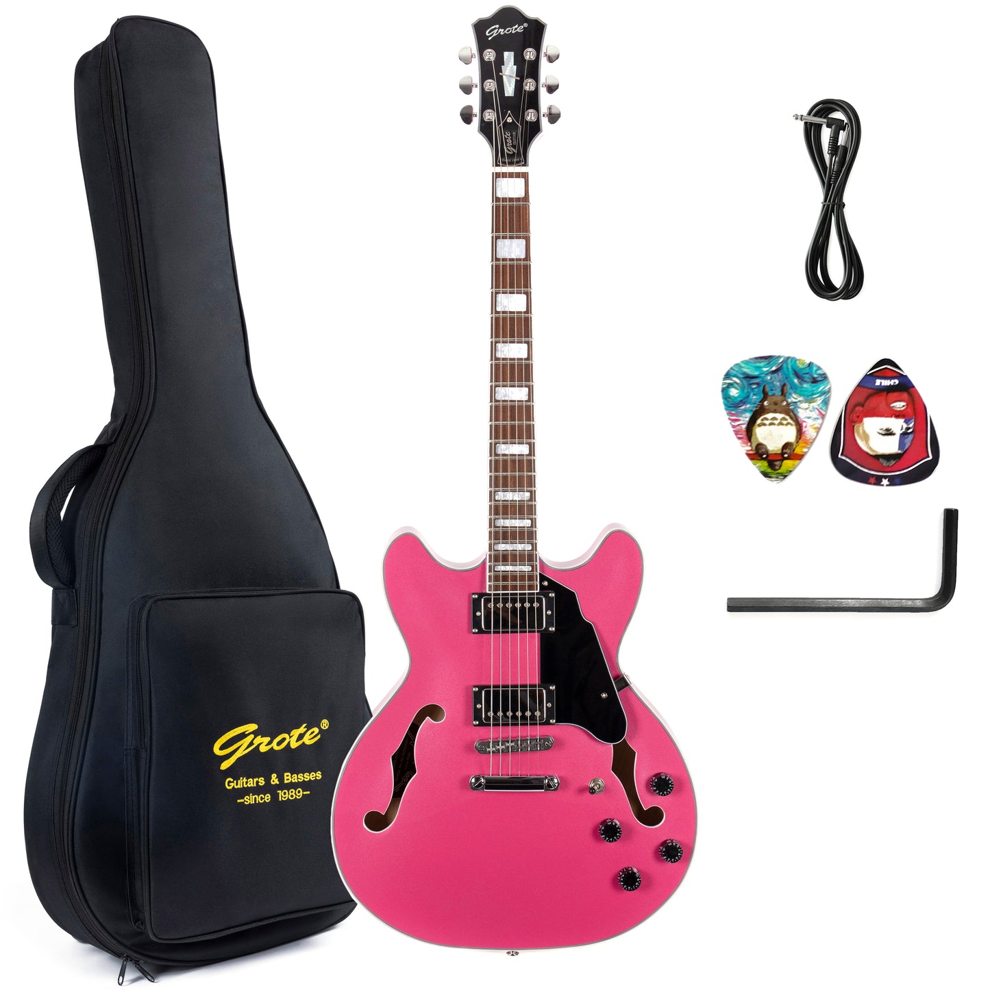 Grote Electric Jazz Guitar Semi-Hollow Body Multi-ply Binding Humbucker Pickups Picks Case