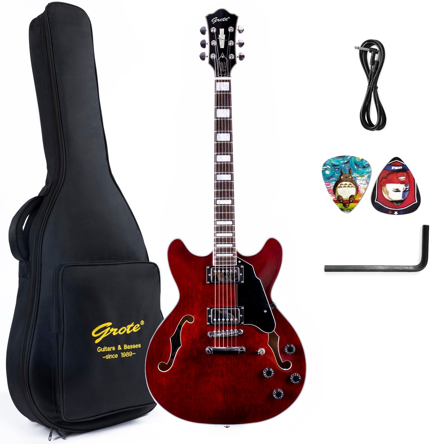 Grote Electric Jazz Guitar Semi-Hollow Body Multi-ply Binding Humbucker Pickups Picks Case